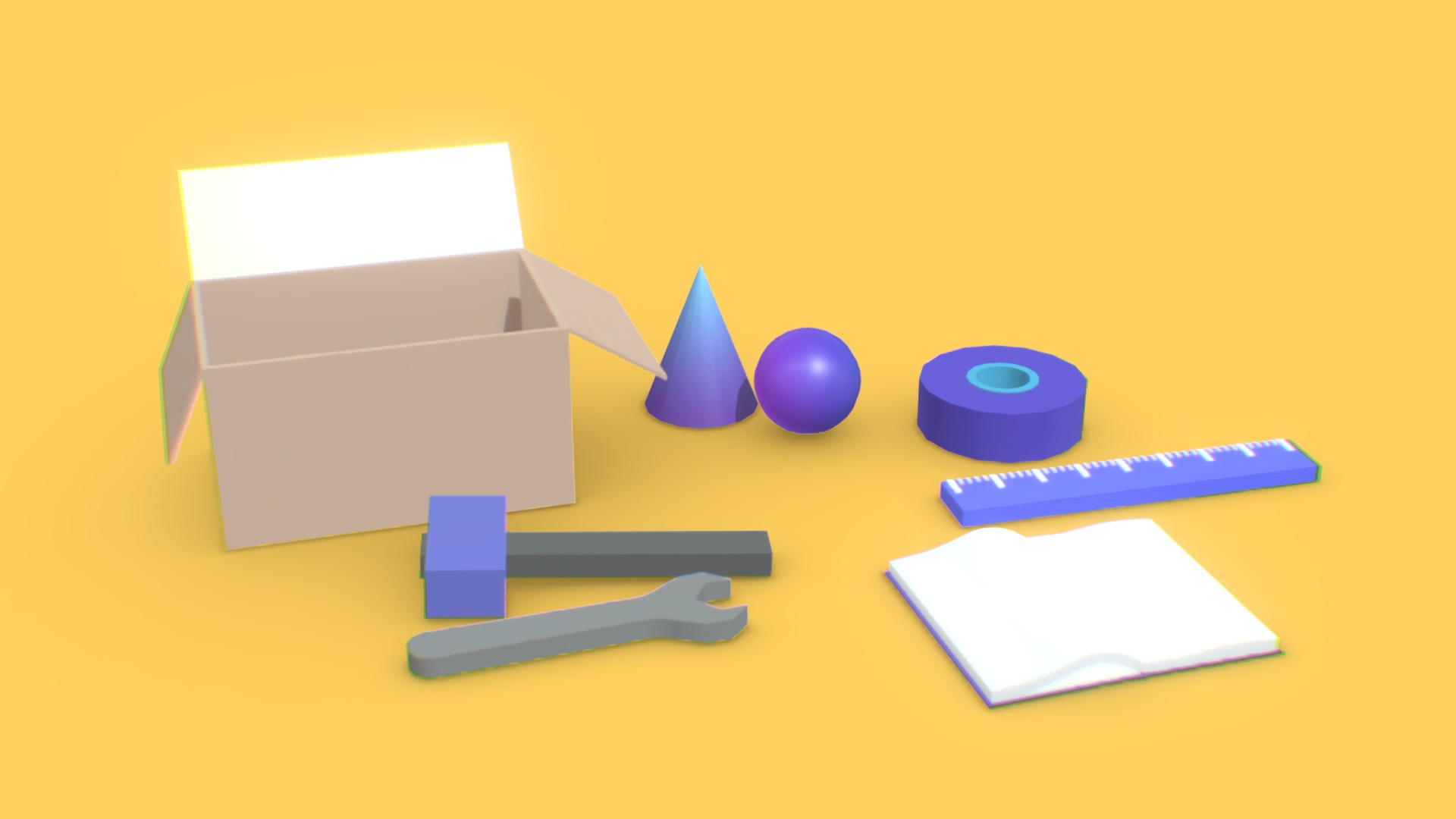 3D model Low Poly Tools Decor - This is a 3D model of the Low Poly Tools Decor. The 3D model is about a group of objects on a yellow background.