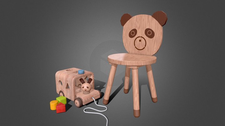kid chair and wooden toy 3D Model
