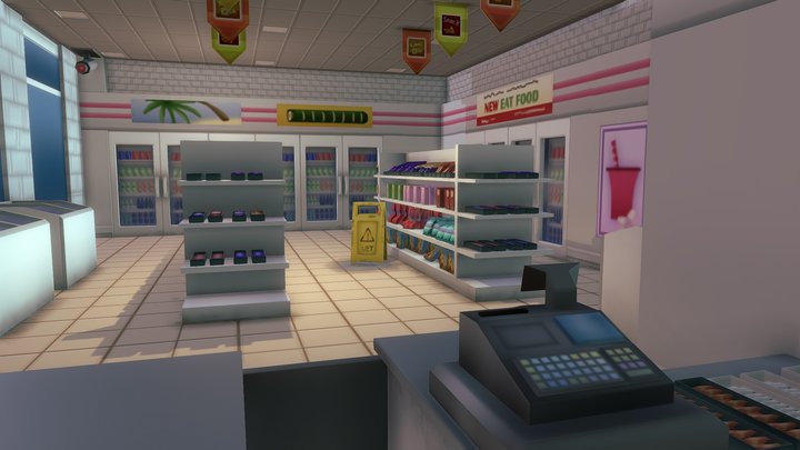Lowpoly convenience store interior 3D Model