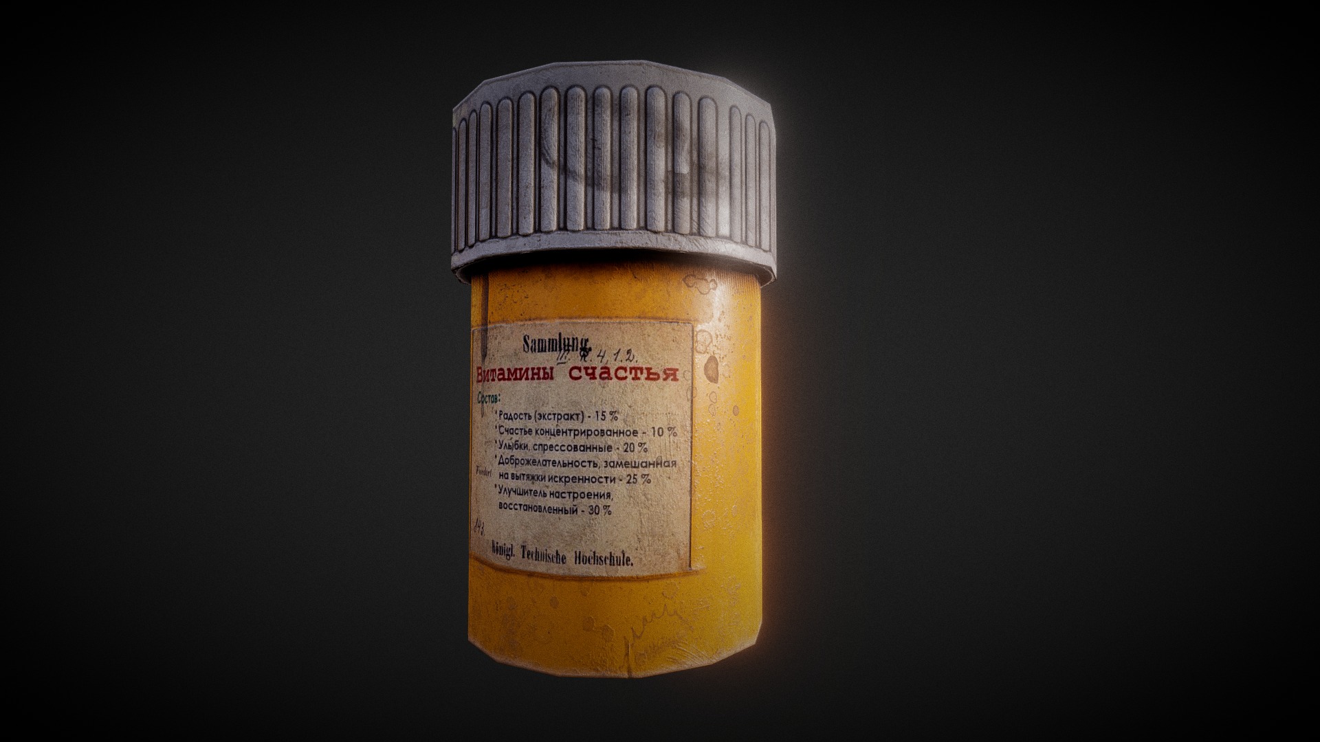 3D model Old Pills - This is a 3D model of the Old Pills. The 3D model is about a yellow cylindrical object with a label.