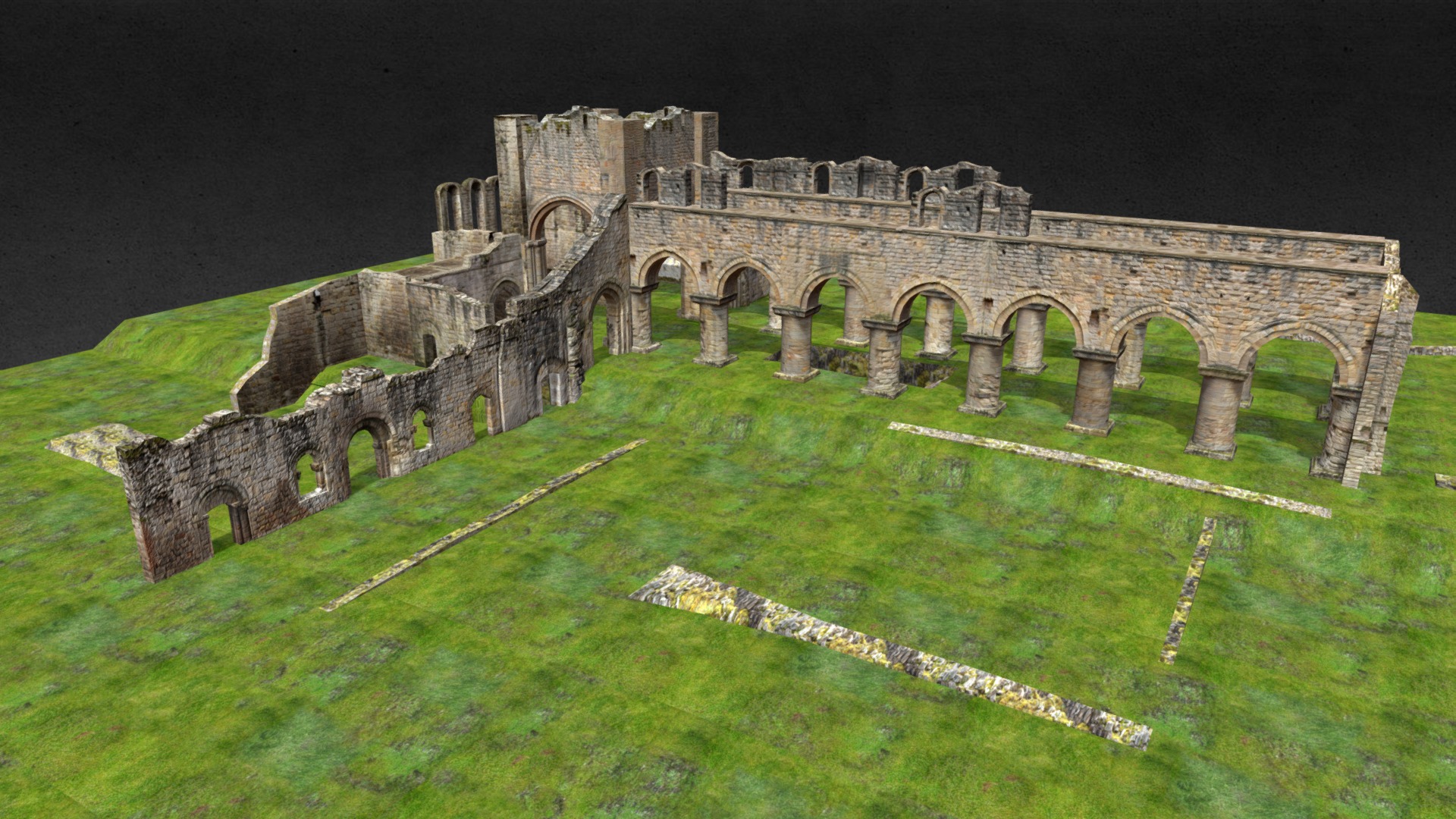 3D model Abbey Ruins Monastery - This is a 3D model of the Abbey Ruins Monastery. The 3D model is about a stone bridge over a green landscape.