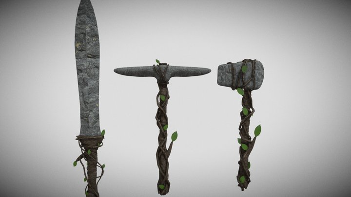 stone pickaxe, ax and sword 3D Model