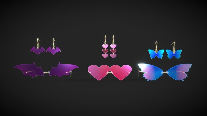 Neon Sunglasses and Earrings - low poly pack v1 3D Model