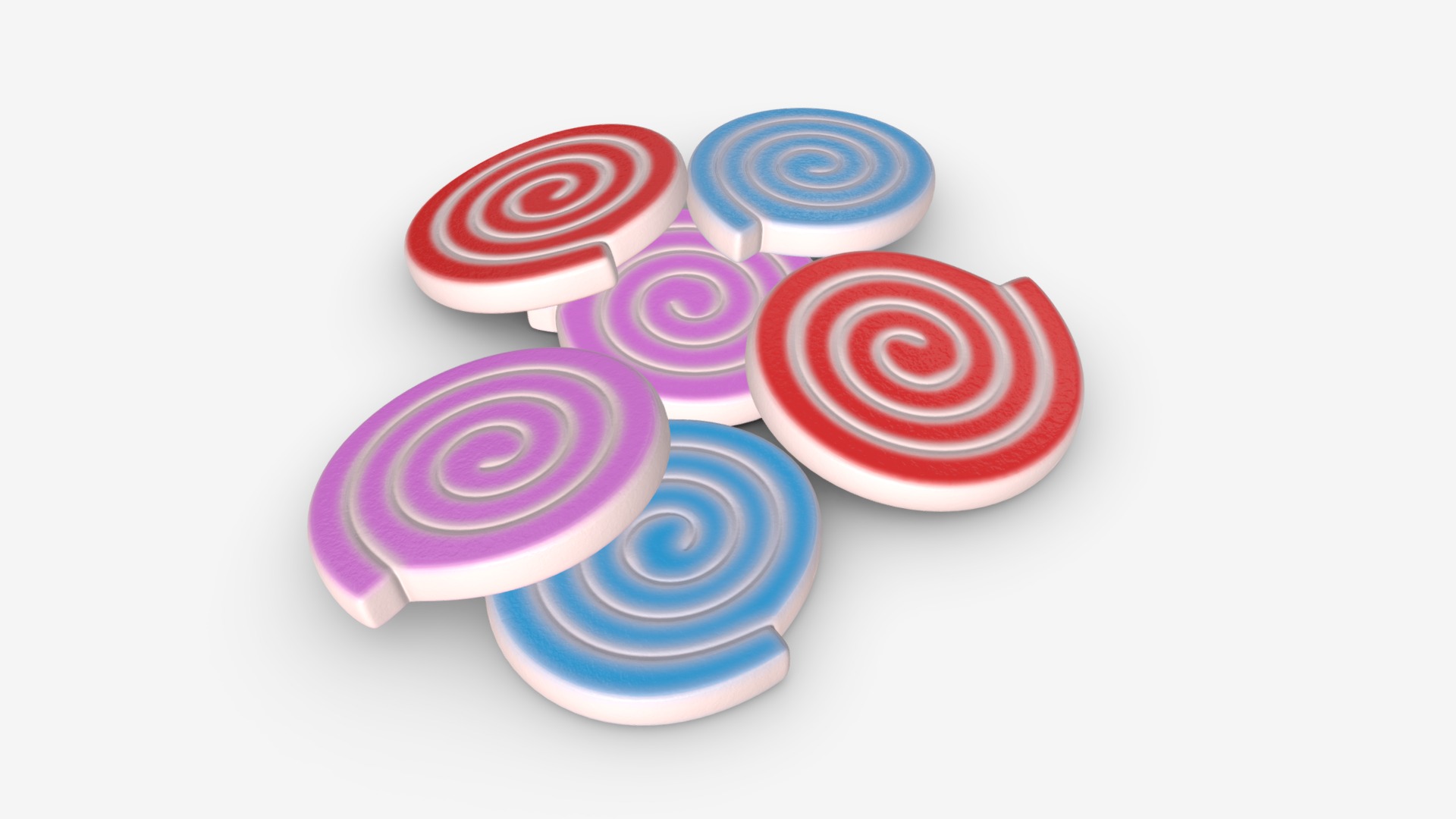 3D model Colorful spiral shape candies - This is a 3D model of the Colorful spiral shape candies. The 3D model is about a group of colorful buttons.
