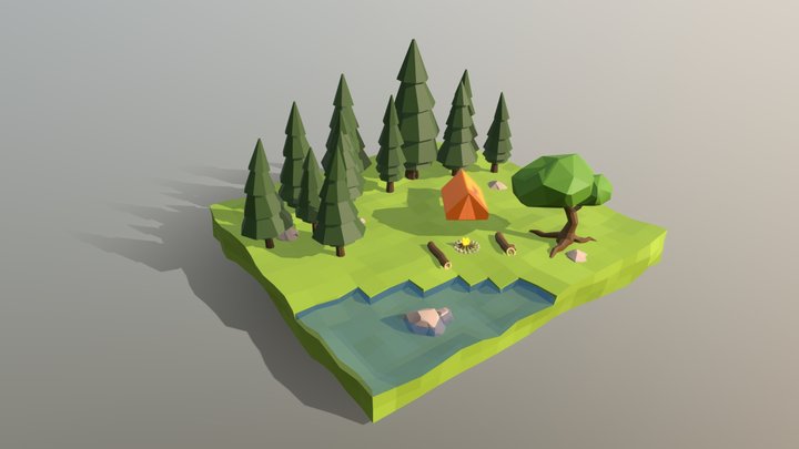 Low Poly Camp Fire Scene 3D Model