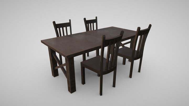 Rustic Dining Table And Chairs 3D Model