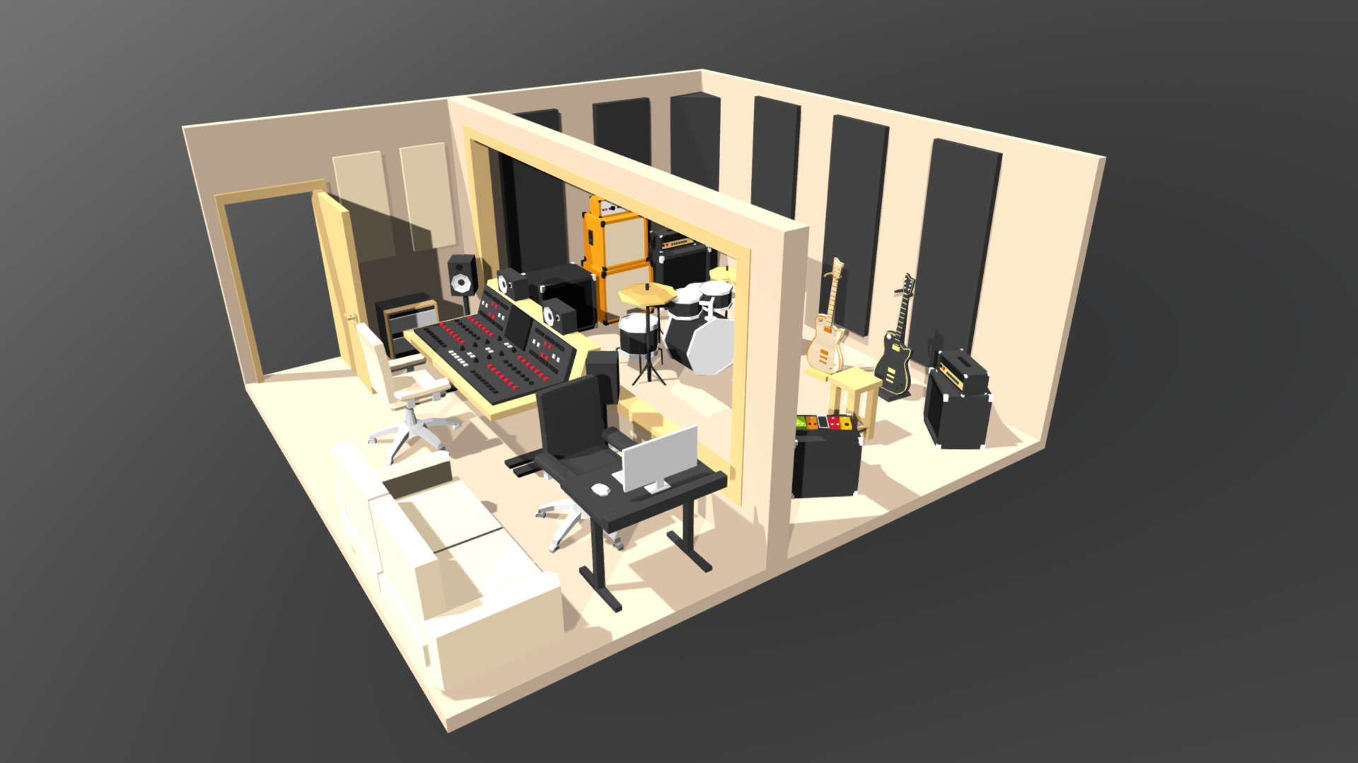 3D model Music Studio – low poly interior - This is a 3D model of the Music Studio - low poly interior. The 3D model is about a room with a desk and chairs.