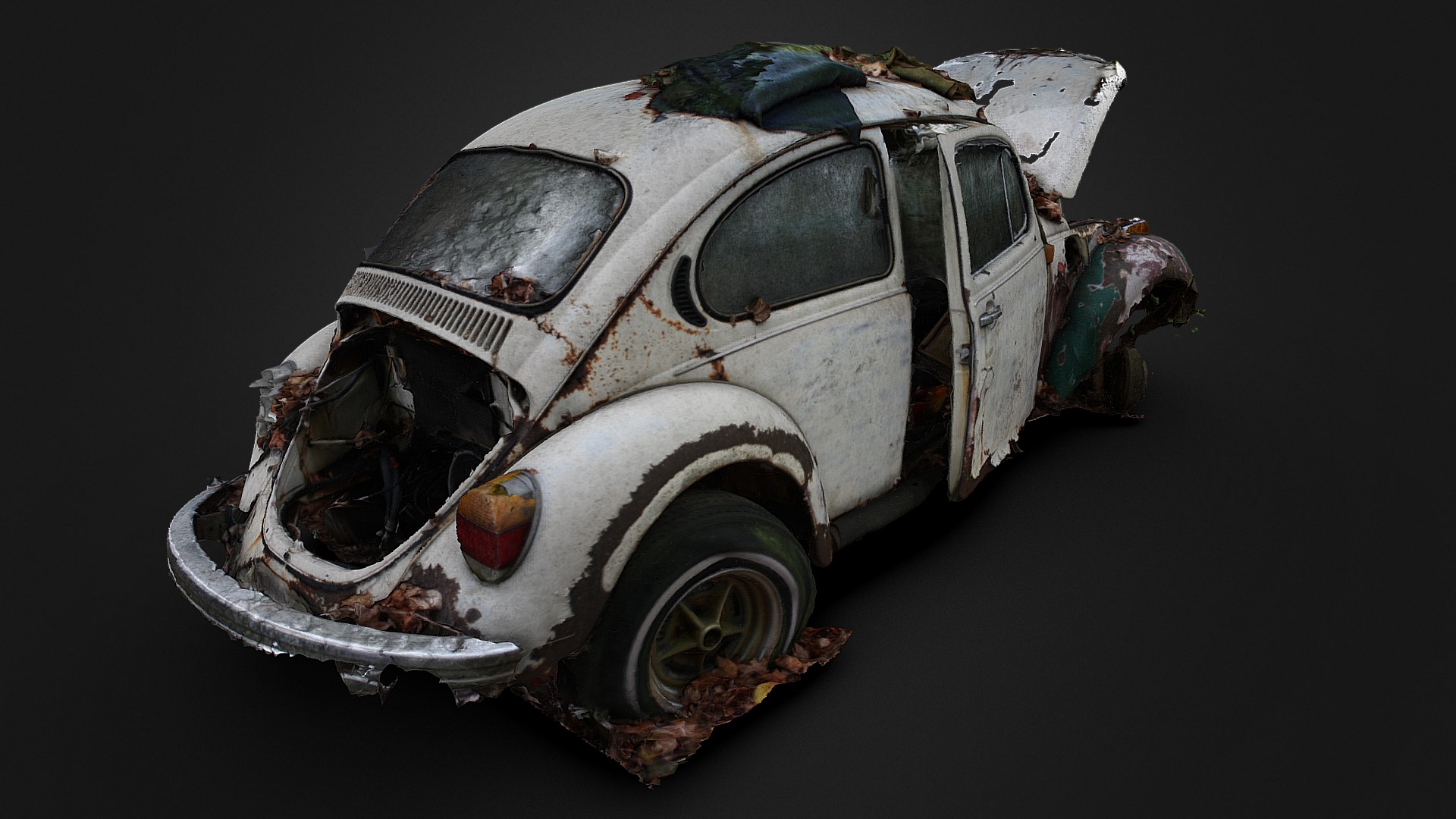 3D model Abandoned Beetle in Woods (Raw Scan) - This is a 3D model of the Abandoned Beetle in Woods (Raw Scan). The 3D model is about a car with a smashed front end.
