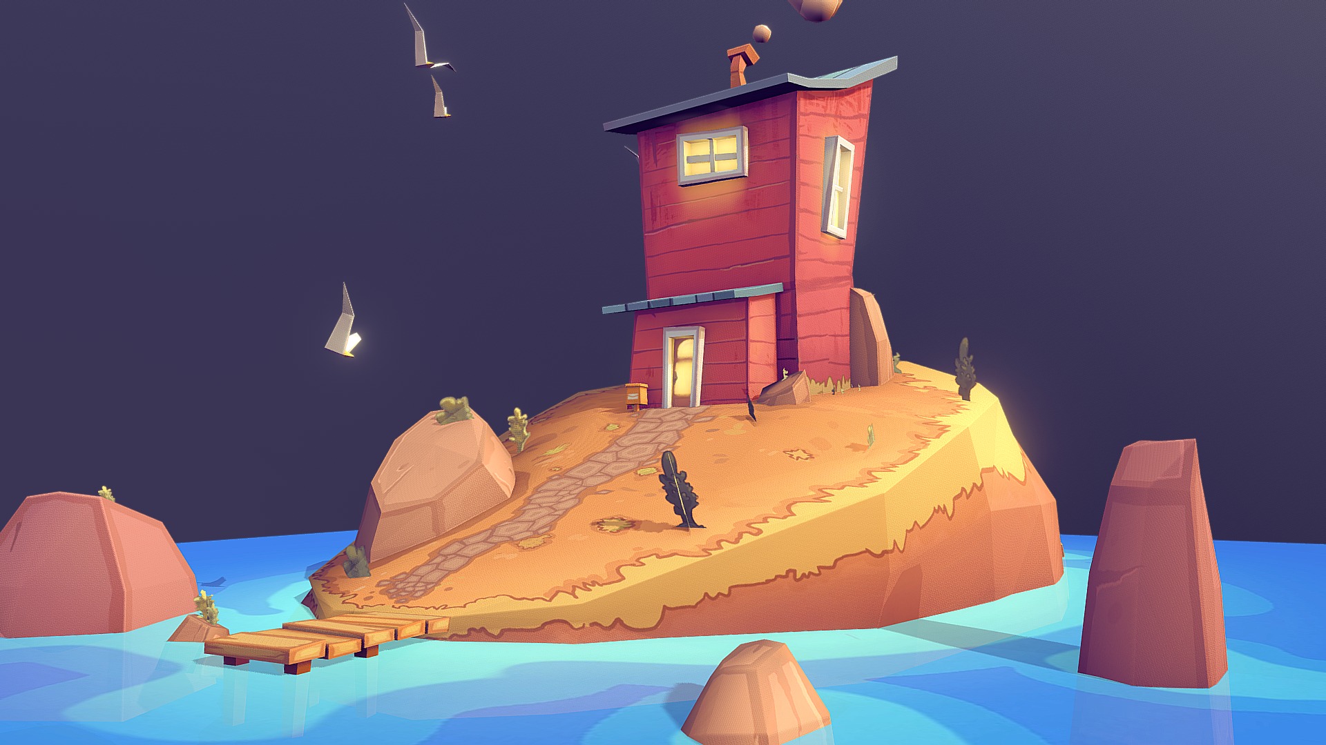 3D model Briteeny-tiny low-poly Island - This is a 3D model of the Briteeny-tiny low-poly Island. The 3D model is about a house on a hill.