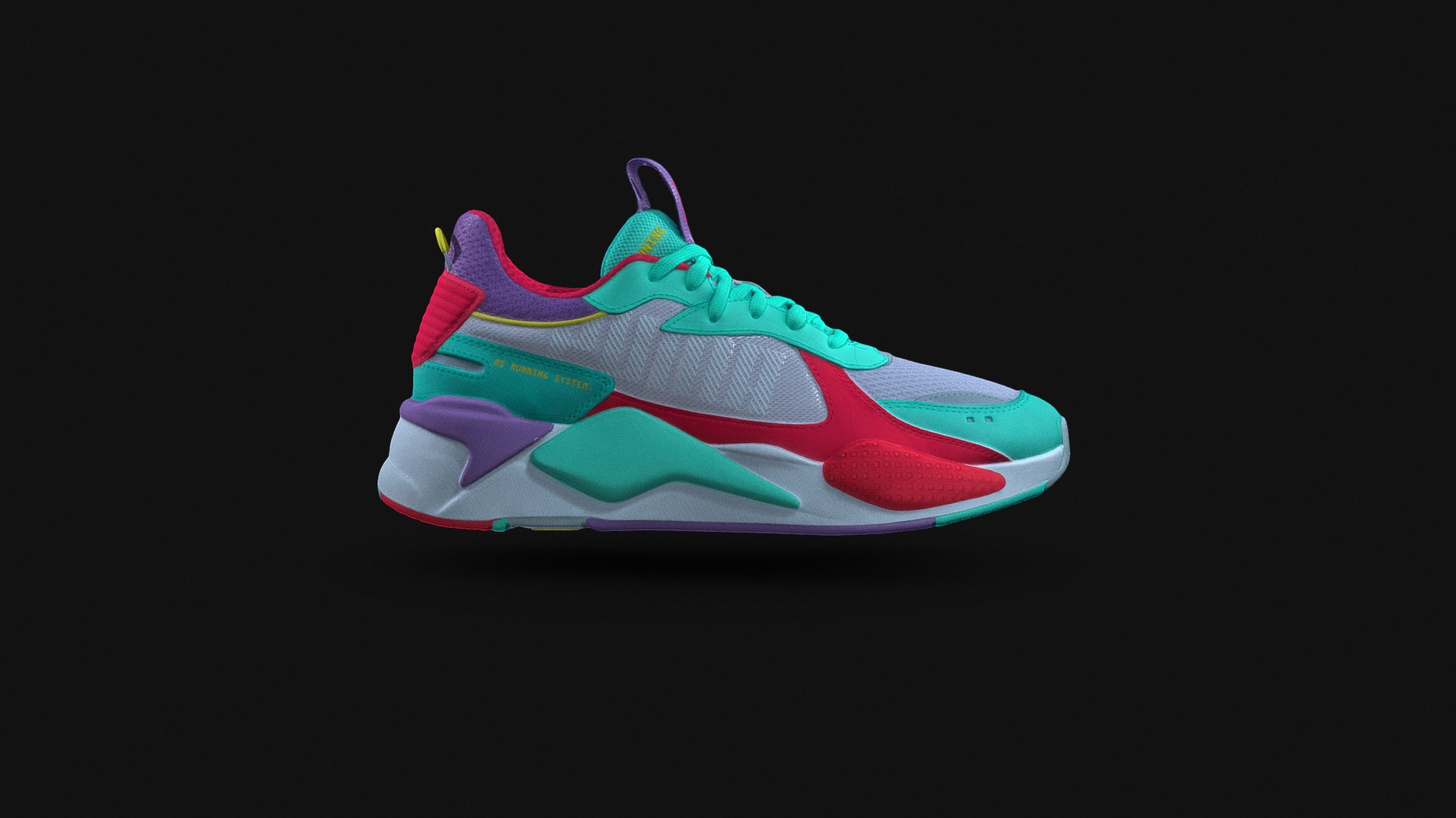 3D model Puma RS-X Running System - This is a 3D model of the Puma RS-X Running System. The 3D model is about a colorful shoe on a black background.