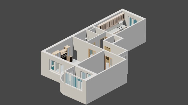 Isometric flat with open floor plan 3D Model