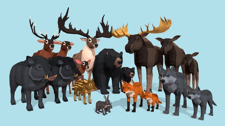 Low Poly Wild Animals pack 3D Model