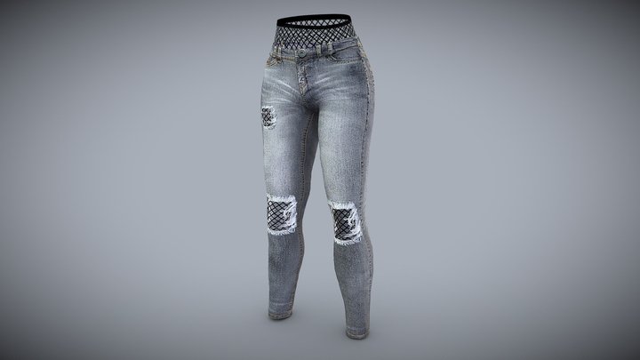 Female Skinny Jeans With Fishnet Stockings Under 3D Model