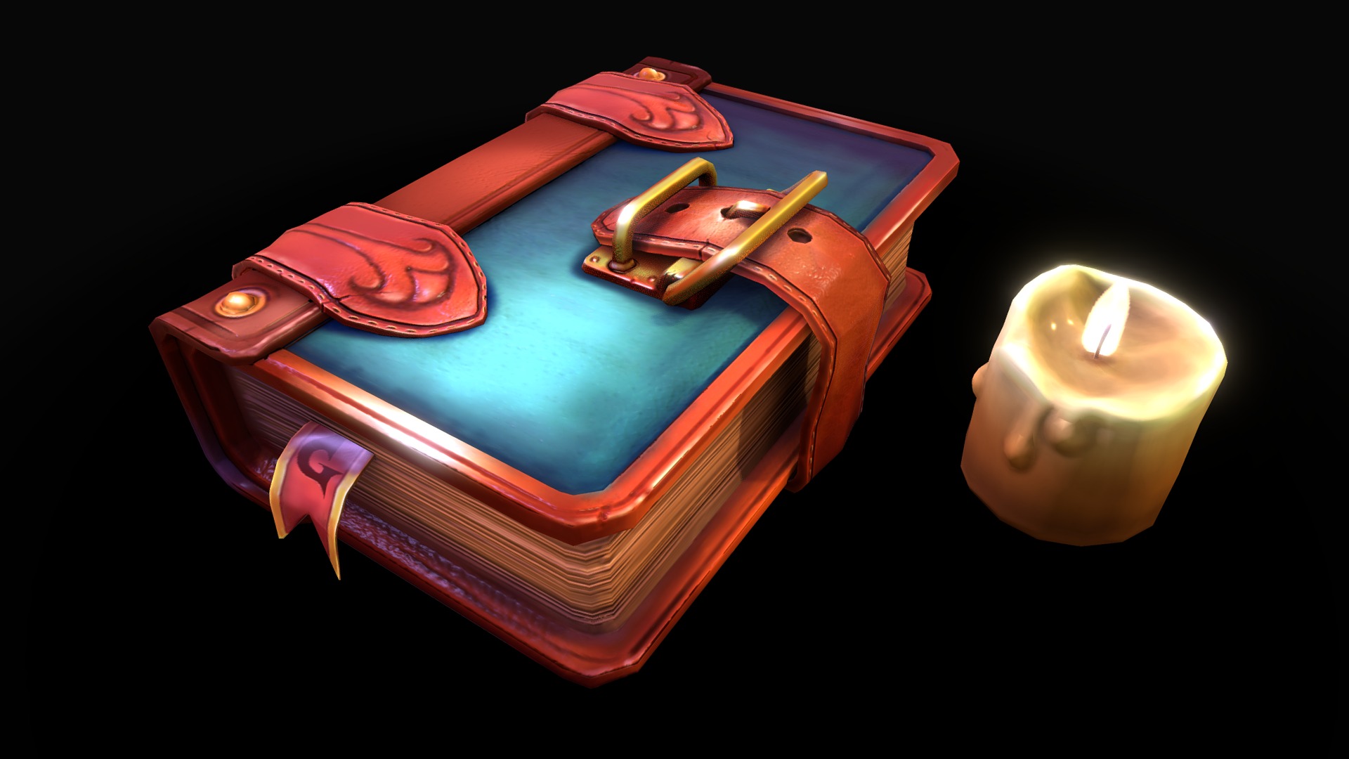 3D model Old Leather Book  (ZBrush Test 02) - This is a 3D model of the Old Leather Book  (ZBrush Test 02). The 3D model is about a red and blue purse with a candle in it.