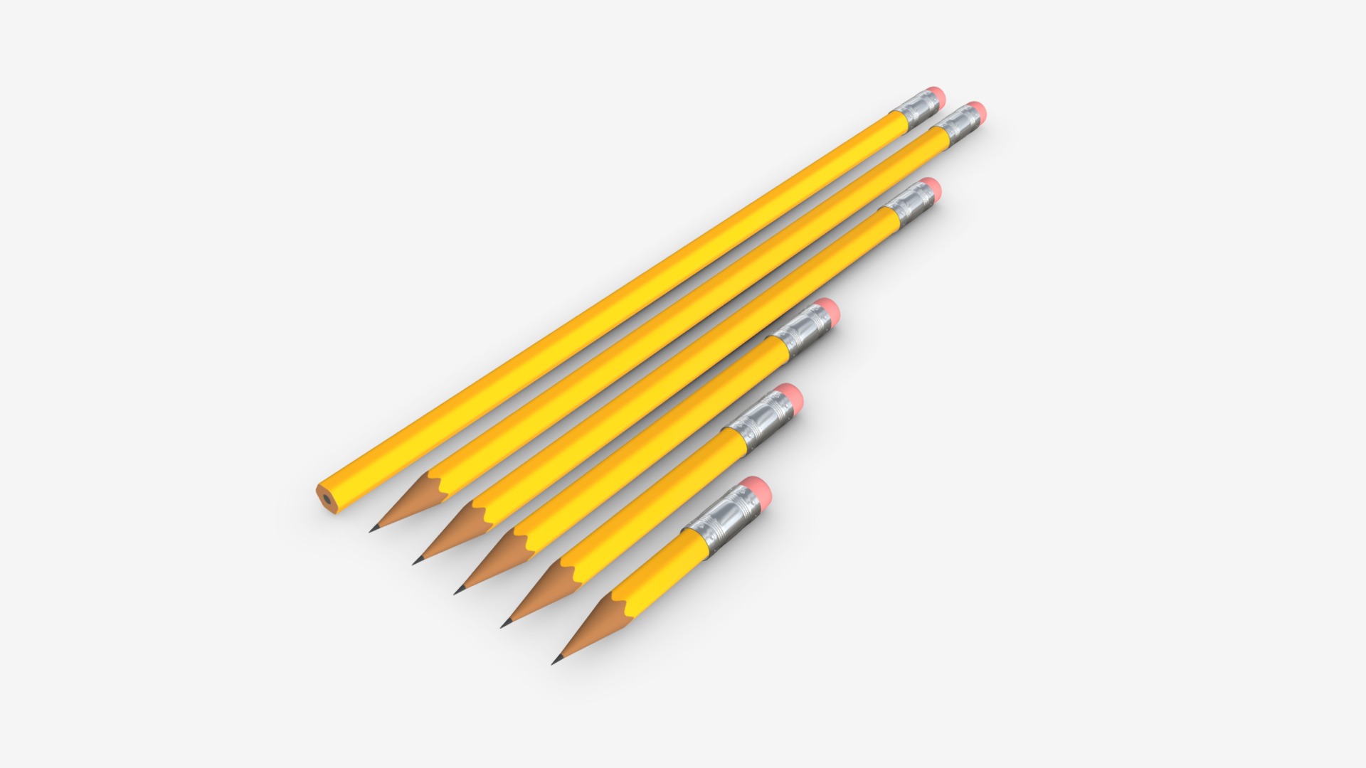 3D model Pencils with rubber various sizes - This is a 3D model of the Pencils with rubber various sizes. The 3D model is about a few yellow pencils.