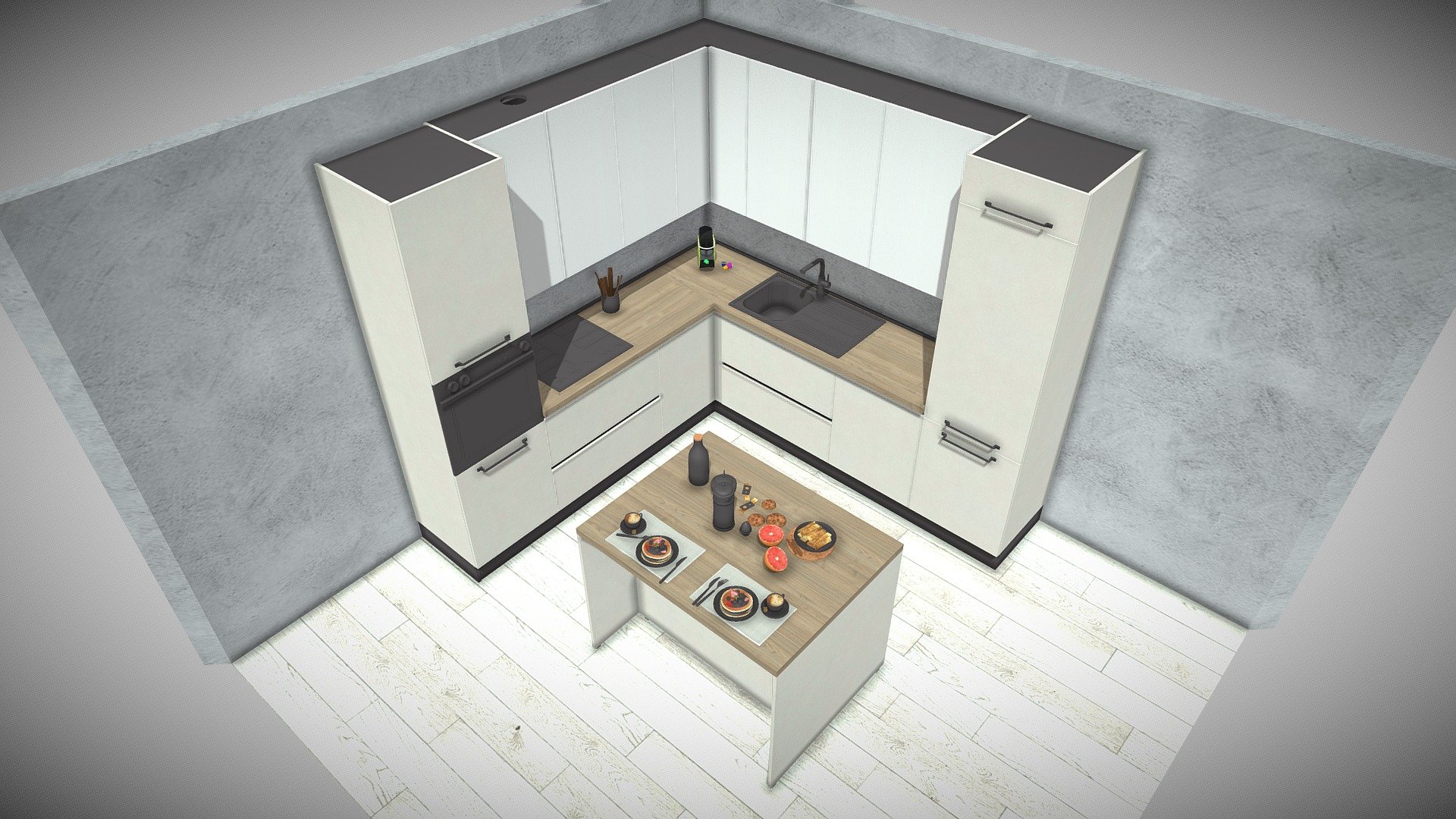 Coloured corner kitchen with central island — Sketchfab embed 3D viewer