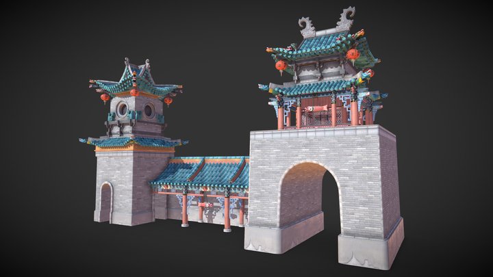 Chinese Temple Gatehouse Set 3D Model