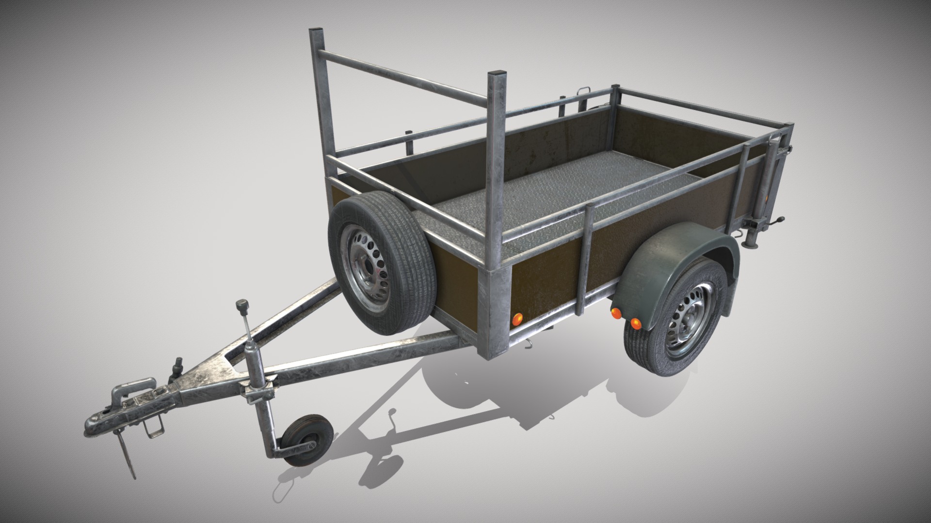 3D model Trailer 200×110 cm 750 kg - This is a 3D model of the Trailer 200x110 cm 750 kg. The 3D model is about a grey vehicle with a large wheel.