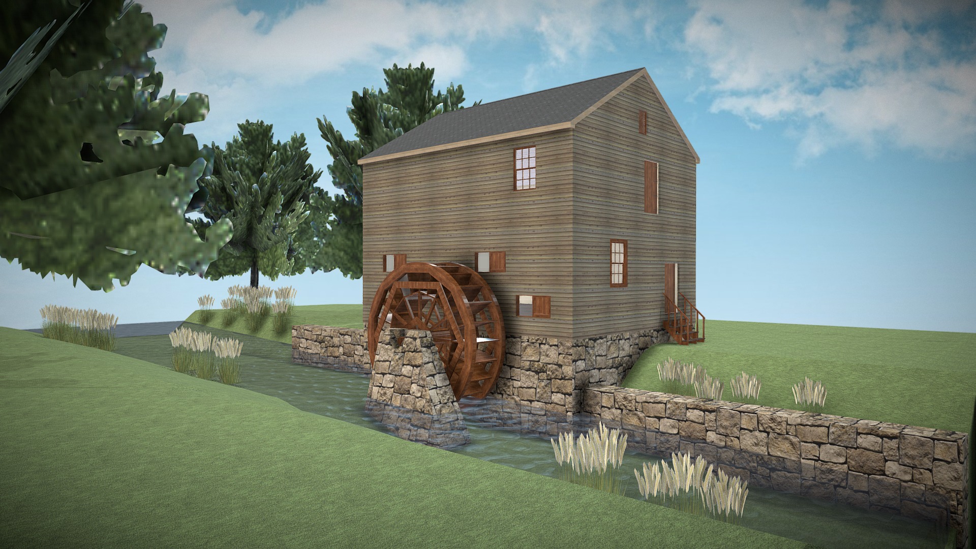 3D model Gristmill Model - This is a 3D model of the Gristmill Model. The 3D model is about a house with a stone wall and grass and trees.