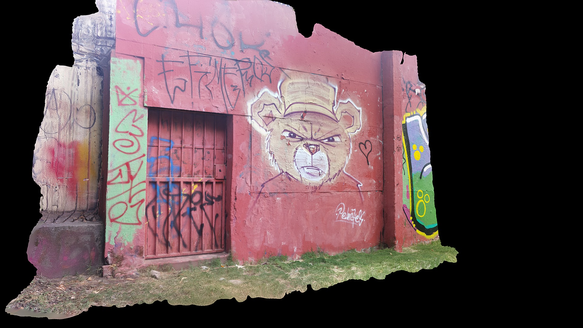 3D model 2017-02 – Santiago – Muralla 01 - This is a 3D model of the 2017-02 - Santiago - Muralla 01. The 3D model is about a pink door with graffiti on it.