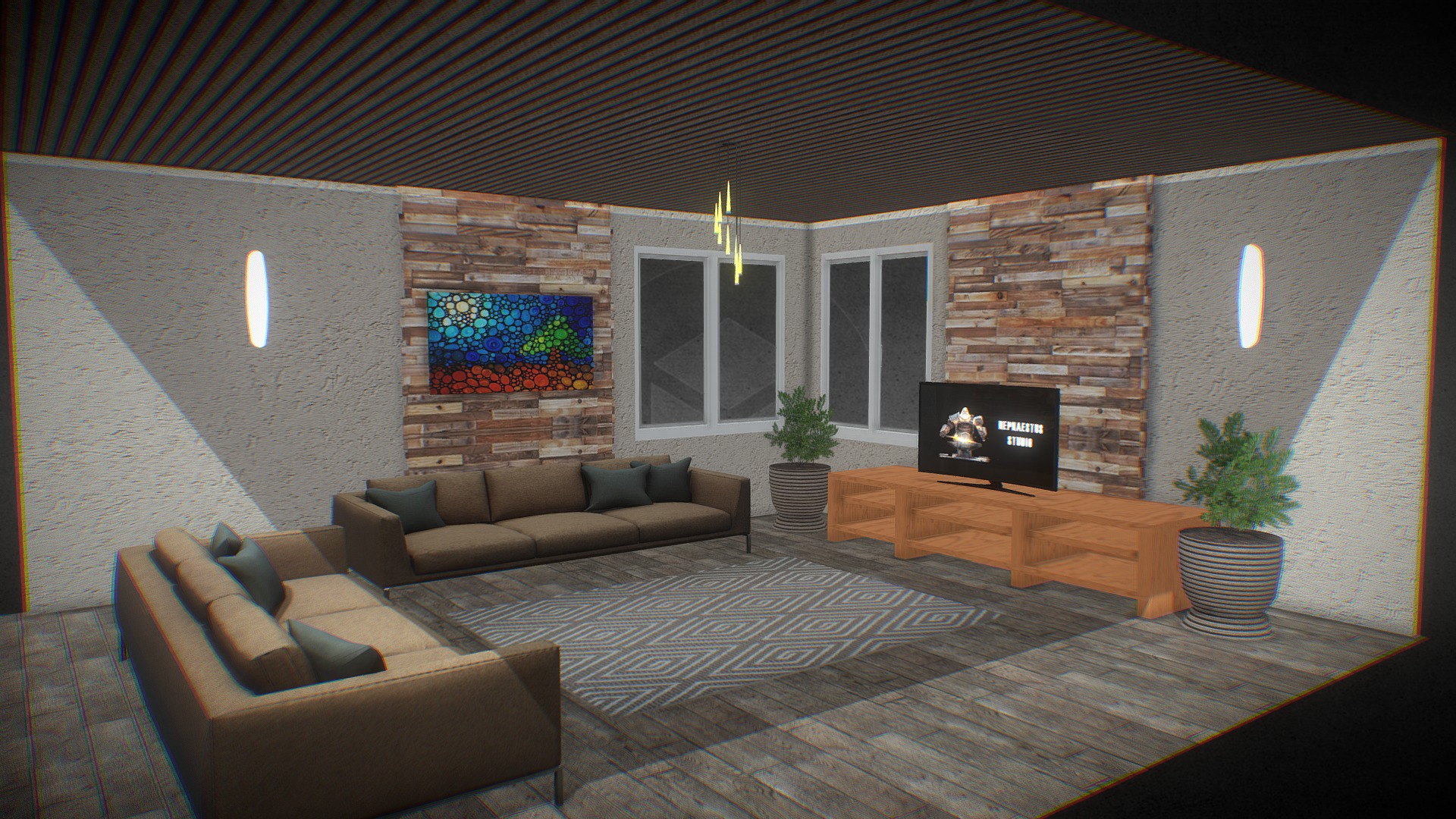 3D model Game Ready Living Room / TV Room - This is a 3D model of the Game Ready Living Room / TV Room. The 3D model is about a room with a fireplace and a tv.