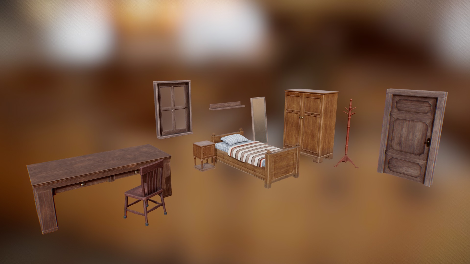 3D model Wooden Furniture Set. - This is a 3D model of the Wooden Furniture Set.. The 3D model is about a room with a bed and chairs.
