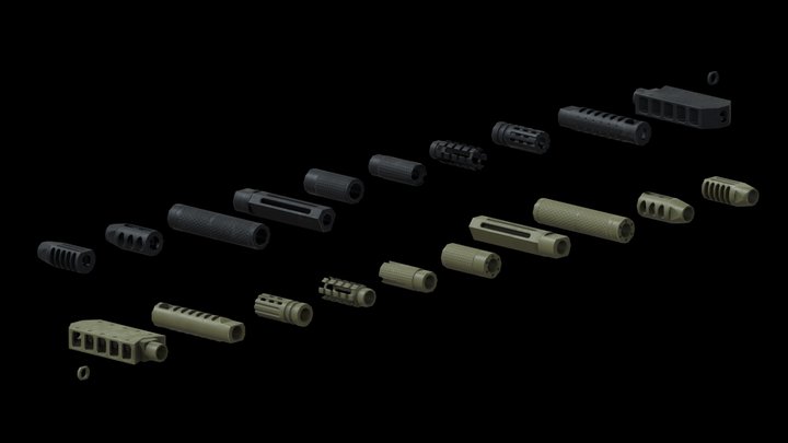 10 Lowpoly Muzzle Brakes / Flash Suppressors – Modello 3D gratuito STL
