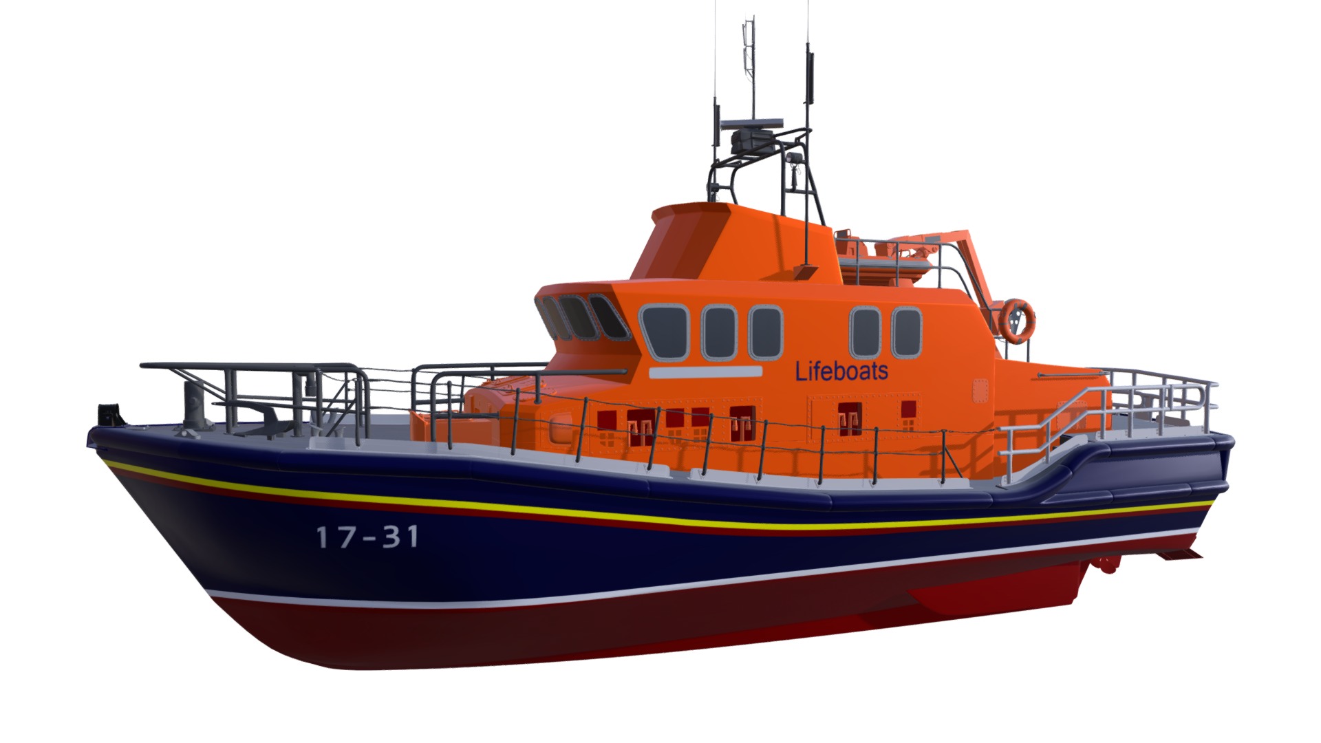 3D model Severn Class Lifeboat - This is a 3D model of the Severn Class Lifeboat. The 3D model is about a large orange and blue boat.