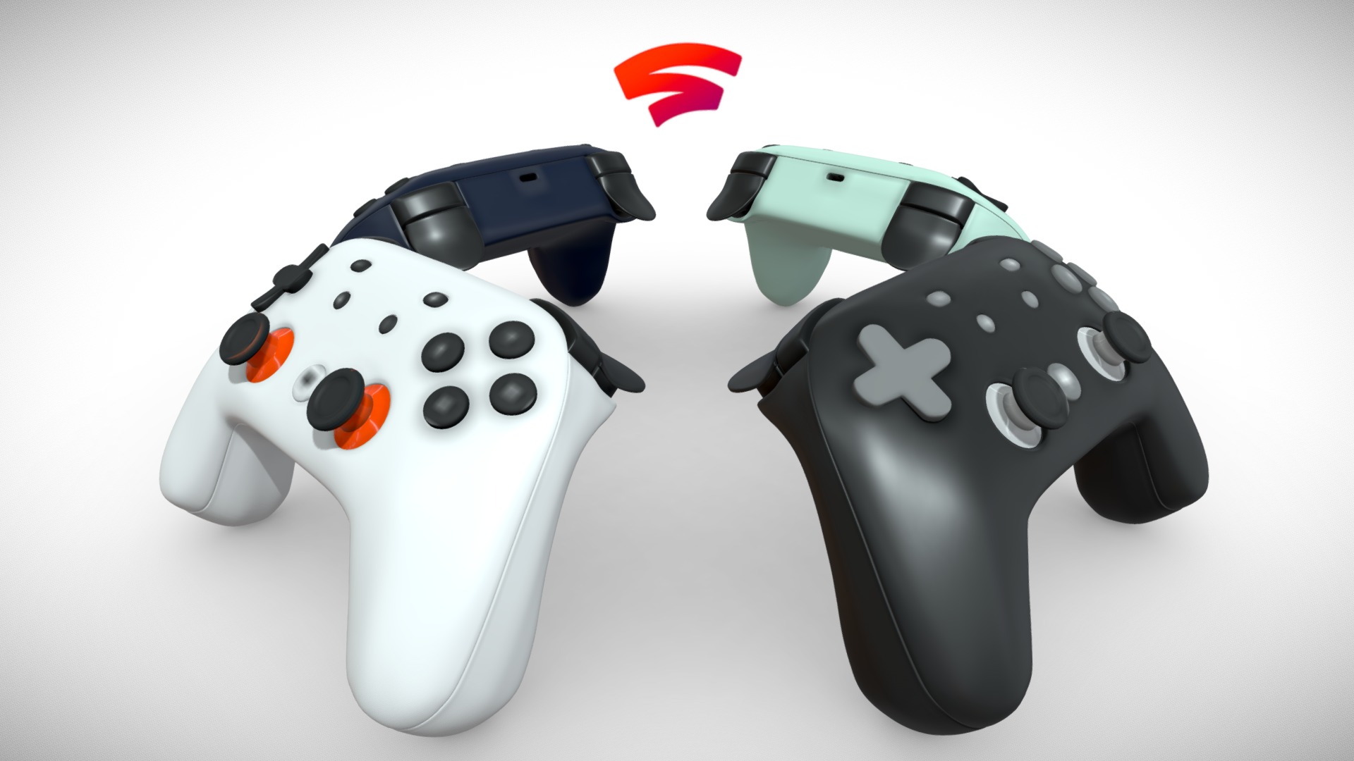 3D model Google Stadia Controllers – 4 Pack - This is a 3D model of the Google Stadia Controllers - 4 Pack. The 3D model is about a pair of black and white game controllers.