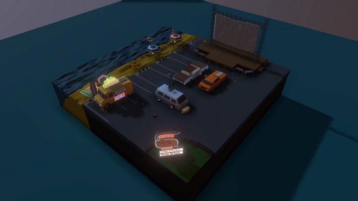 Stylized Low Poly Drive-In Cinema by the Sea 3D Model