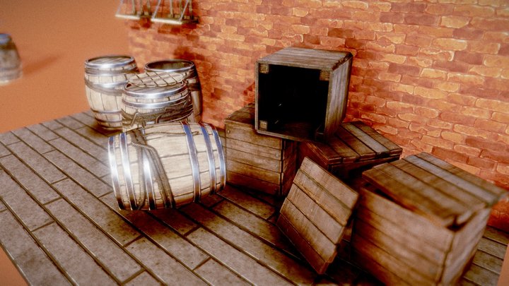 a set of barrels, boxes and shelves