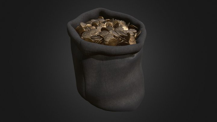 Big Burlap Sack with Gold Doubloons 3D Model