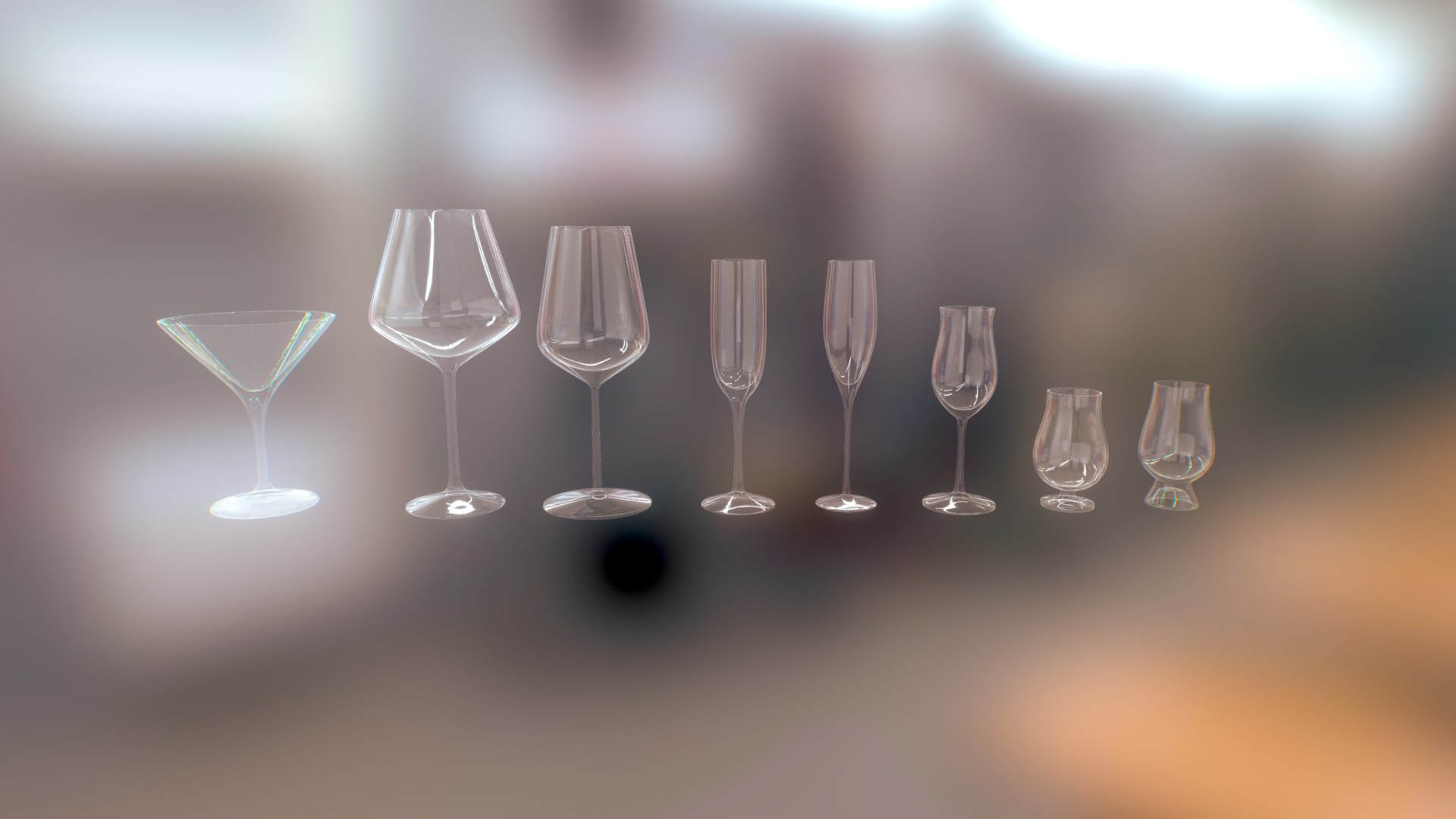 3D model Pure glasses (Martini, wine, rum, Champagne) - This is a 3D model of the Pure glasses (Martini, wine, rum, Champagne). The 3D model is about a group of empty wine glasses.