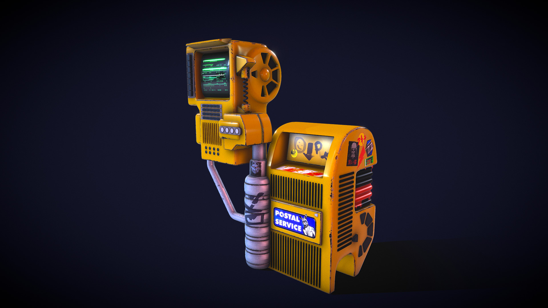 3D model Futuristic Display Postbox - This is a 3D model of the Futuristic Display Postbox. The 3D model is about a couple of yellow and black robot toys.
