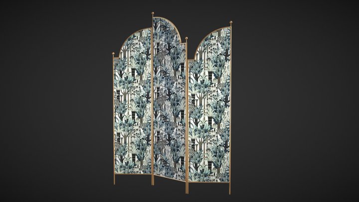 Folding Screen, brass and wallpaper print 3D Model