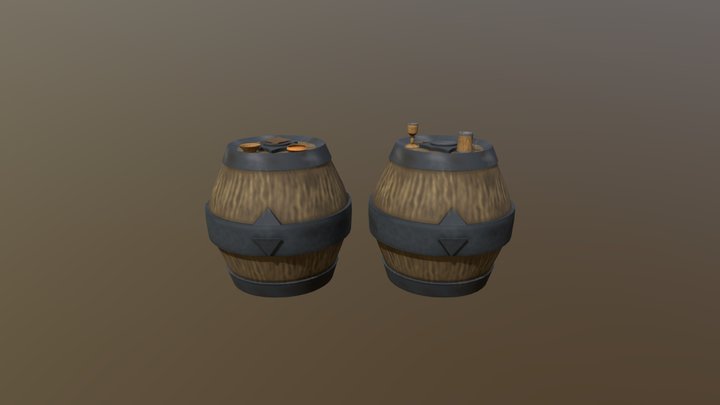 Wooden barrels, glasses and plates 3D Model