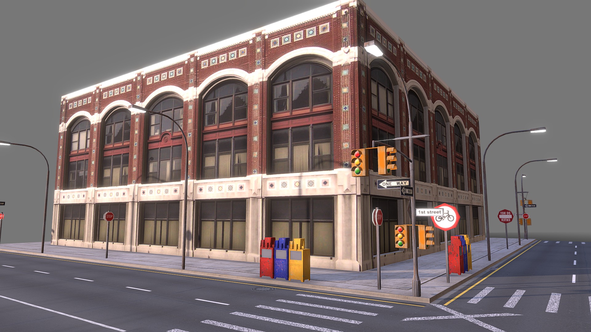 3D model Low Poly City Block 05 - This is a 3D model of the Low Poly City Block 05. The 3D model is about a street with a building in the background.