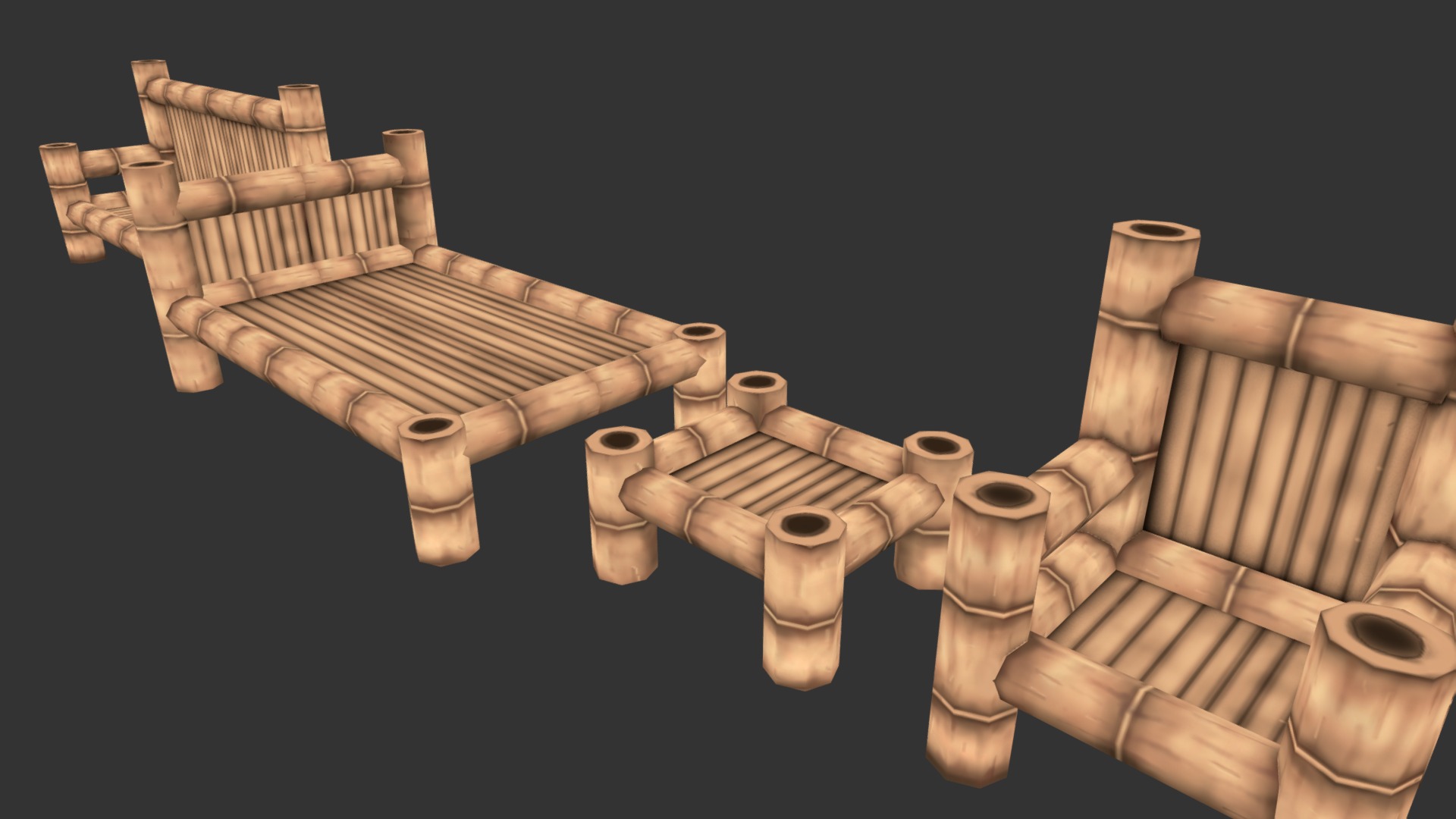 3D model Handpainted Low poly Bamboo Furniture - This is a 3D model of the Handpainted Low poly Bamboo Furniture. The 3D model is about a group of gold and brown objects.