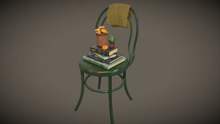Green vintage metal chair with books and flowers 3D Model