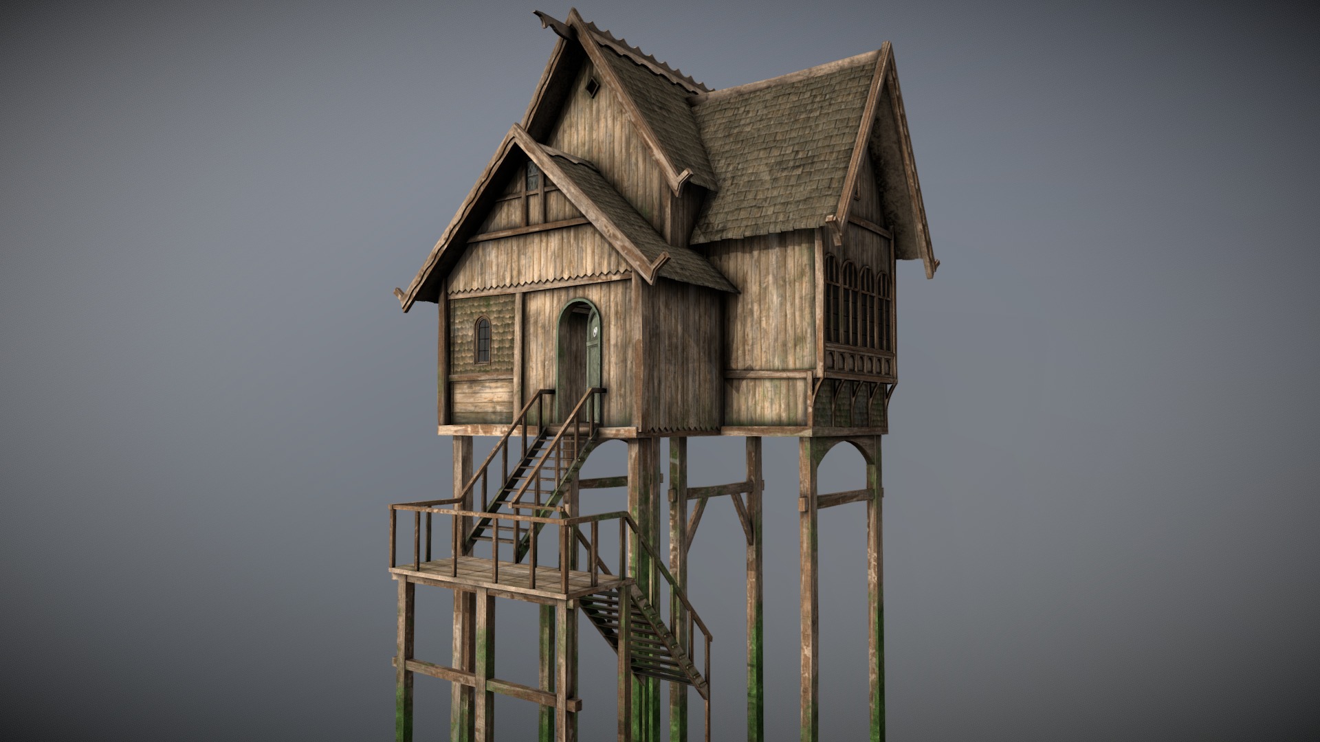 3D model Medieval Lake Village – House 7 with interiors - This is a 3D model of the Medieval Lake Village - House 7 with interiors. The 3D model is about a wooden house on a ladder.