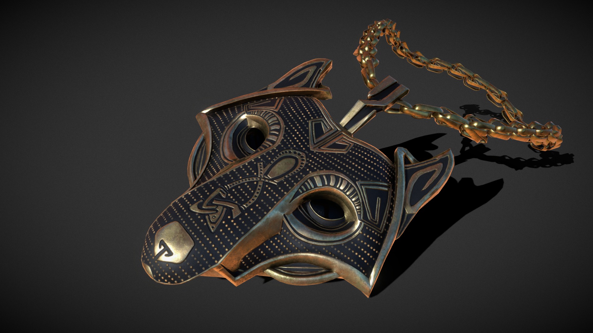 3D model Wolf_Pandant_Package - This is a 3D model of the Wolf_Pandant_Package. The 3D model is about a metal helmet with a gold chain.