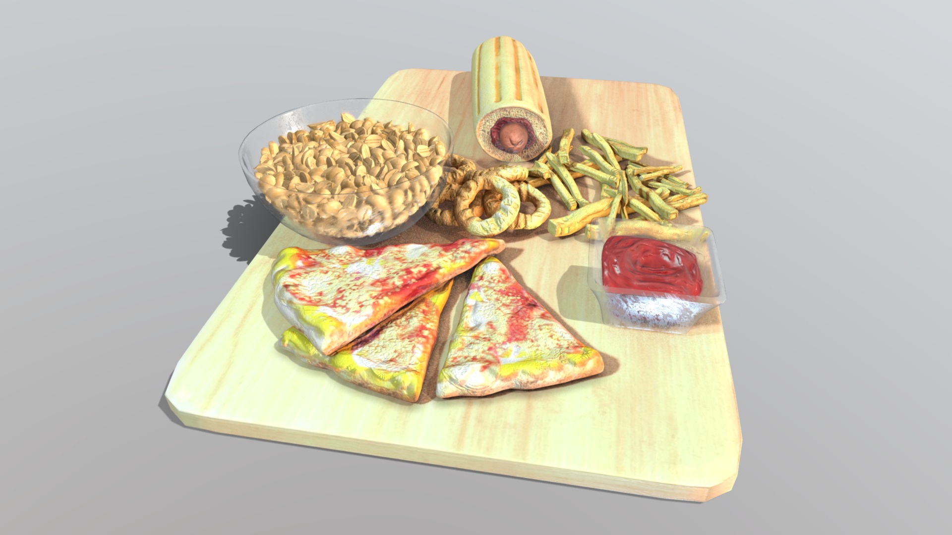3D model Thick fastfood dinner - This is a 3D model of the Thick fastfood dinner. The 3D model is about a wooden board with food on it.