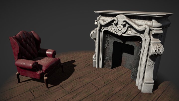 Fireplace And Chair GameRes 3D Model