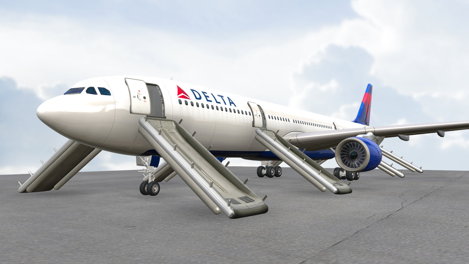 3D model A330-300 With Rafts - This is a 3D model of the A330-300 With Rafts. The 3D model is about a large airplane on the runway.