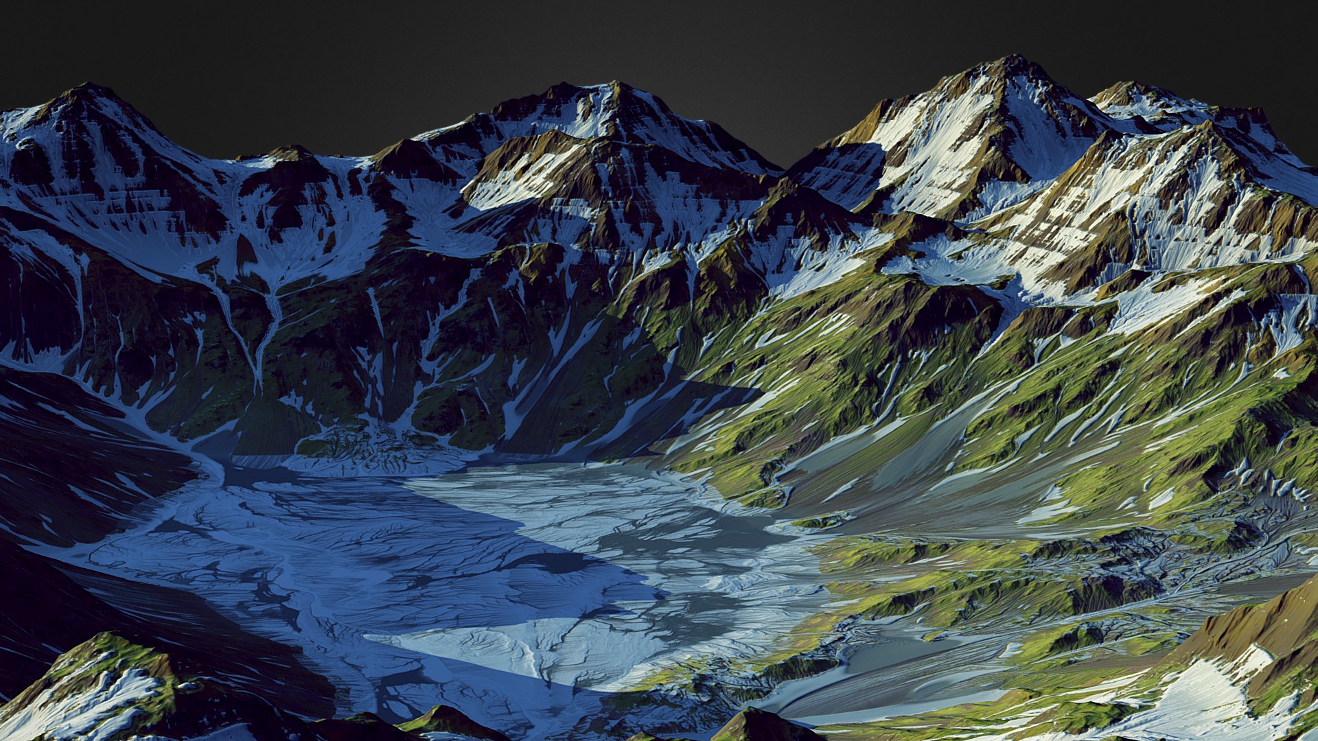 3D model Melting Mountain Lake (World Machine) - This is a 3D model of the Melting Mountain Lake (World Machine). The 3D model is about a mountain range with snow.