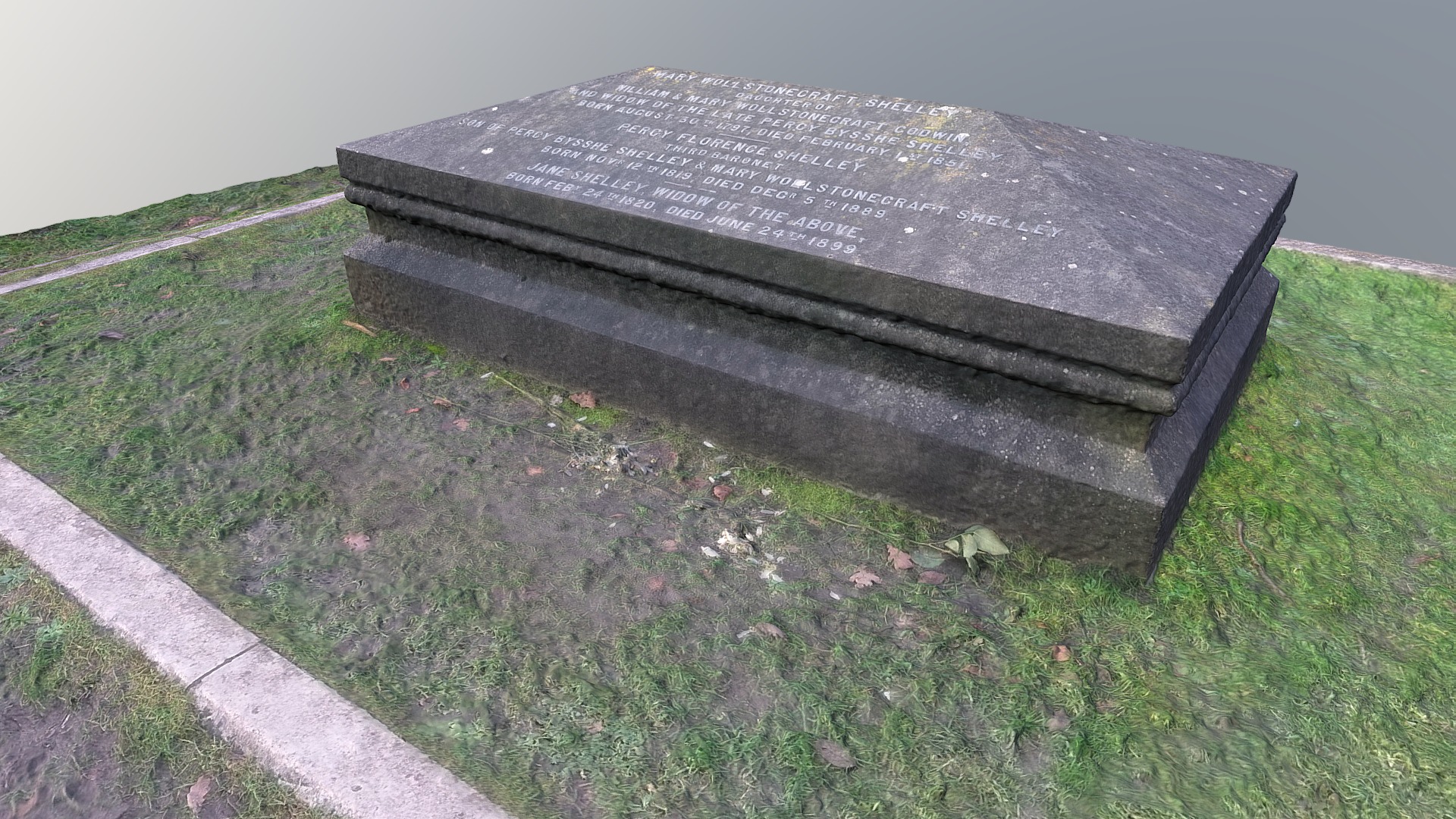 3D model Mary Shelley’s Grave, Bournemouth - This is a 3D model of the Mary Shelley's Grave, Bournemouth. The 3D model is about a stone bench on a grassy hill.