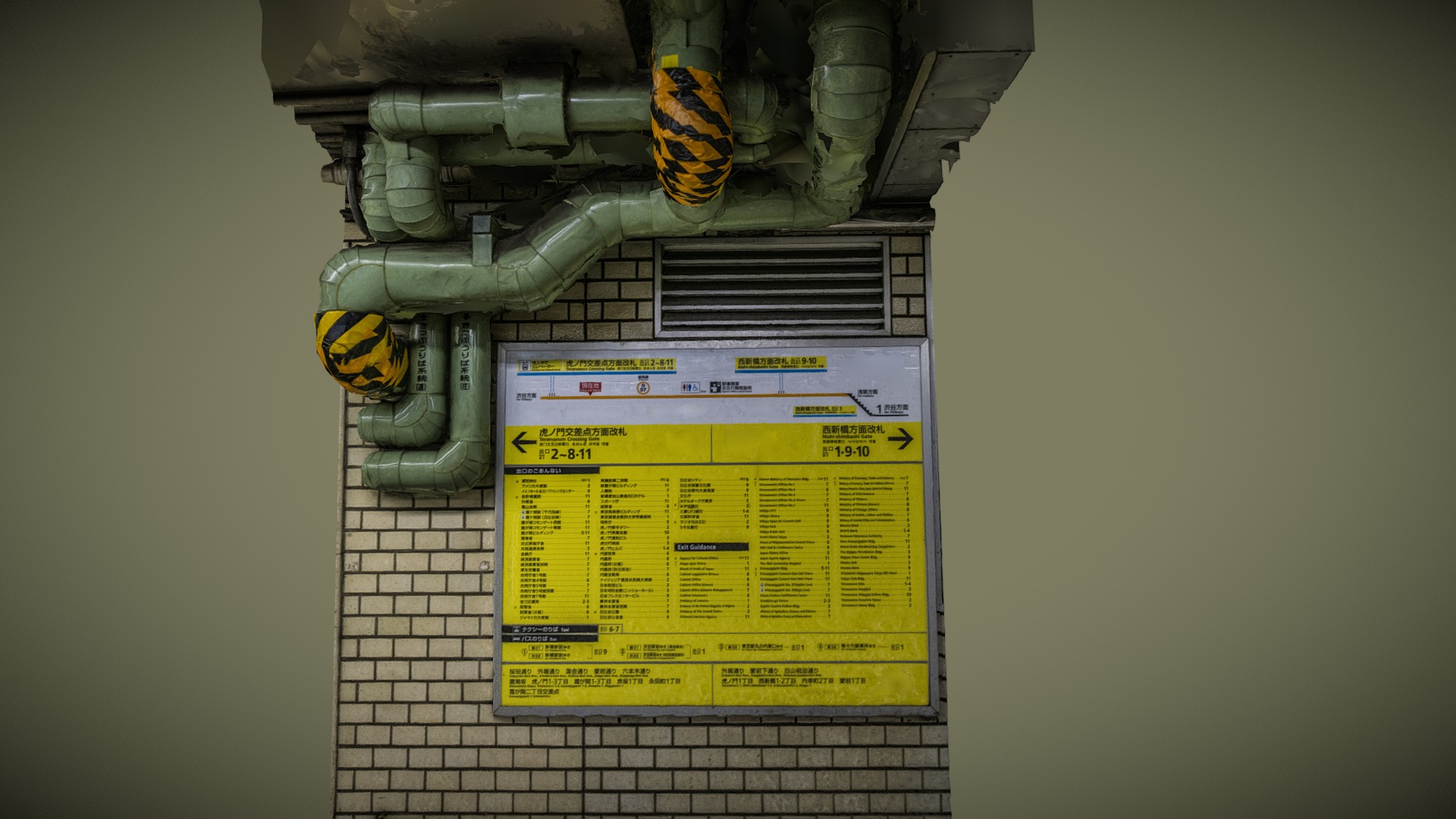 3D model Tokyo subway info panel and pipes scan - This is a 3D model of the Tokyo subway info panel and pipes scan. The 3D model is about a robot with a sign.