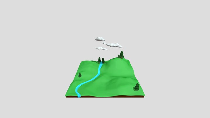 Hill With Trees, Clouds And A Stream 3D Model