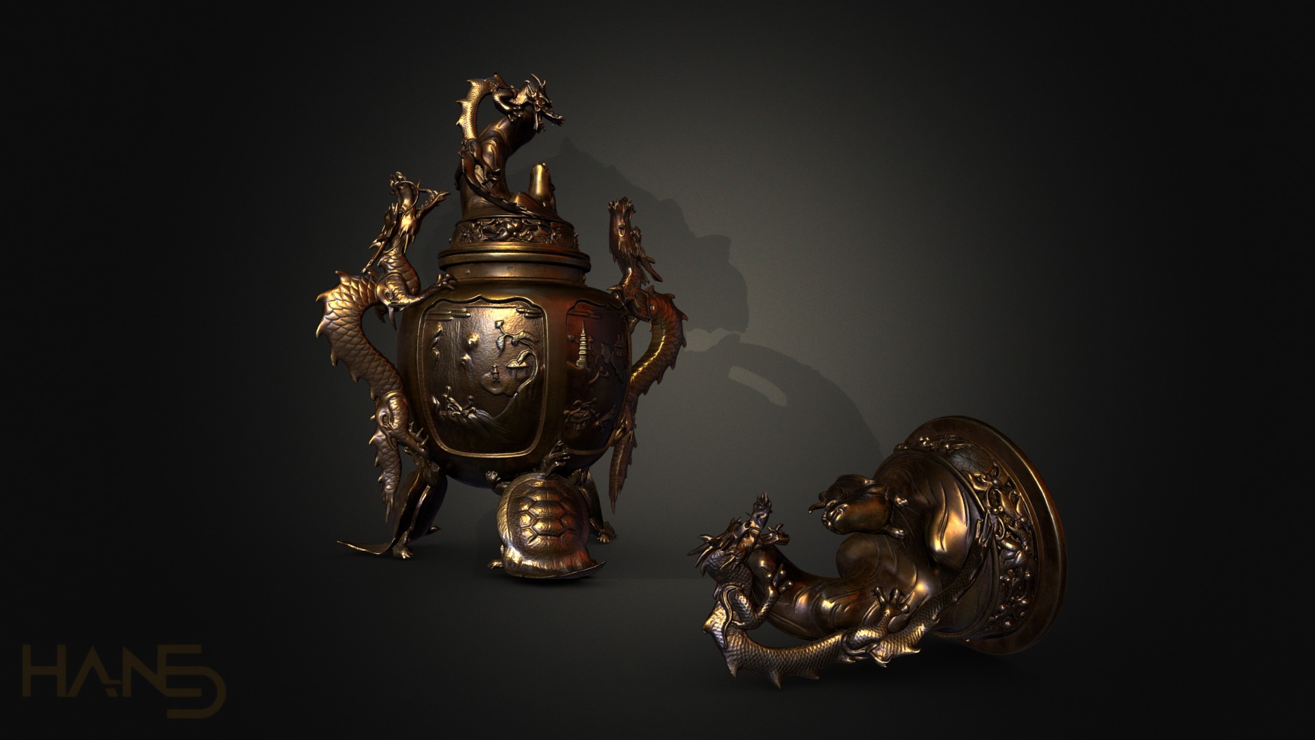 3D model Dragon Incense - This is a 3D model of the Dragon Incense. The 3D model is about a pair of gold and silver armor.