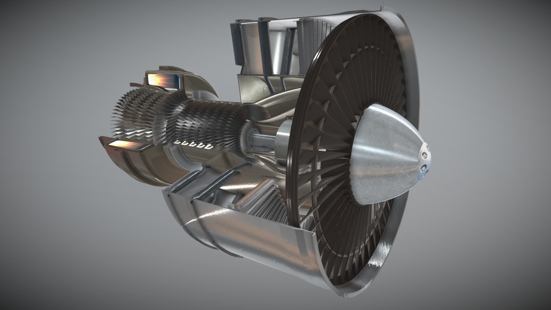 3D model Turbofan Engine Animated - This is a 3D model of the Turbofan Engine Animated. The 3D model is about a silver and black robot.